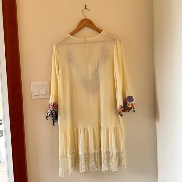 Boho Embroidered Peasant Dress Cream Fringe Festival Tunic Midi S - Picture 3 of 14